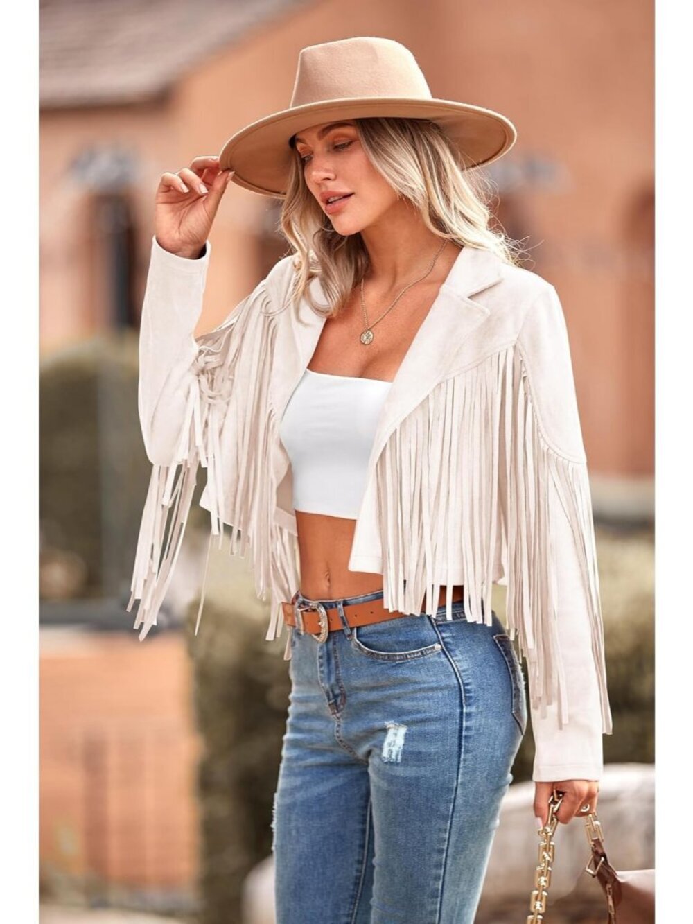 Women's Beige White Polyester Blend Faux Suede Leather Motorcycle Cropped Jacket - Picture 5 of 6